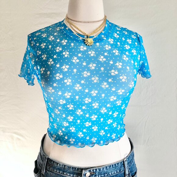 Retro BCBGeneration Sky Blue Baby Tee Crop Top Whimsigoth Floral Juniors Size L - Picture 5 of 9